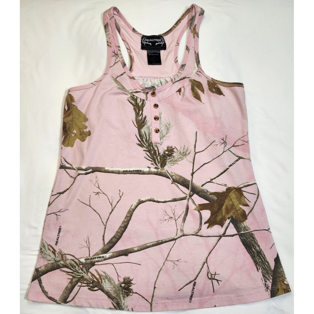 Realtree Camo Tank Top Racerback Womens Medium Pink 3 Button Fishing Hunting